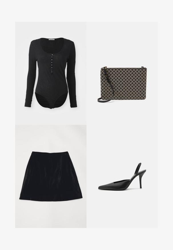 Pikkade varrukatega must bodi pehmest ja kergest kangast. Omab ümmargust kaelust ja kuue valge nupuga kattega esiosa.; Must musträtik, mis on valmistatud sametist, sujuva tekstuuriga ja diskreetse tagumise lukuga. Lihtne disain, ilma nähtavate mustrite või aktsendita.; Must have kottid musta värviga salke, teravaninalised, siledast nahast ja stiilse, minimalistliku disainiga. Kõrge stiletto konts.; Mustard ja beež mustriga käekott ristkülikukujulise kujuga, ristkülikukujulise mustriga, lukuga sulgemine ja eemaldatav must rihm.; Hõbedased rõngakõrvarõngad ümaras kujus, millel on sile metallpind ja avatud disain keskel, peegeldades valgust.