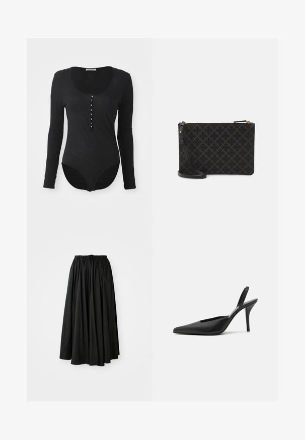 Dolgimi rokavi črn bodistični oblačilu iz mehkega, lahkega materiala. Ima okroglo izreznico in z gumbi zapenjanje spredaj z šestimi belimi gumbi.; Črna, krila do gležnjev iz lahkega materiala. Ima nabran pas z vrvico za prilagodljivo prileganje in razširjen silhueto.; Črne slingback pete z ostrim nosom, iz gladke usnjene materiala in s prefinjenim, minimalističnim oblikovanjem. Visoka stiletto peta.; Črna usnjena torbica z teksturiranim diamantom, zlati zadrgo in snemljivo zanko. Gladek zaključek in pravokotna oblika.