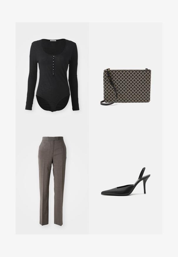 Zwart longsleeve bodysuit van een zachte, lichte stof. Heeft een ronde halslijn en een knoopsluiting aan de voorkant met zes witte knopen.; Grijze op maat gemaakte broek met een rechte pijp, textuurstof, middelhoge taille en twee zakken aan de voorkant. Geen zichtbare sluitingen of patronen.; Zwarte slingback hakken met een spitse neus, van soepel leer en een strak, minimalistisch ontwerp. Hoge stilettolahak.; Zwarte en beige handtas met een rechthoekige vorm, voorzien van een kruissteekdesign, een ritssluiting en een afneembare zwarte schouderband.; Zwarte leren clutch met een gestructureerd diamanten patroon, gouden rits en een afneembare schouderband. Gladde afwerking en rechthoekige vorm.