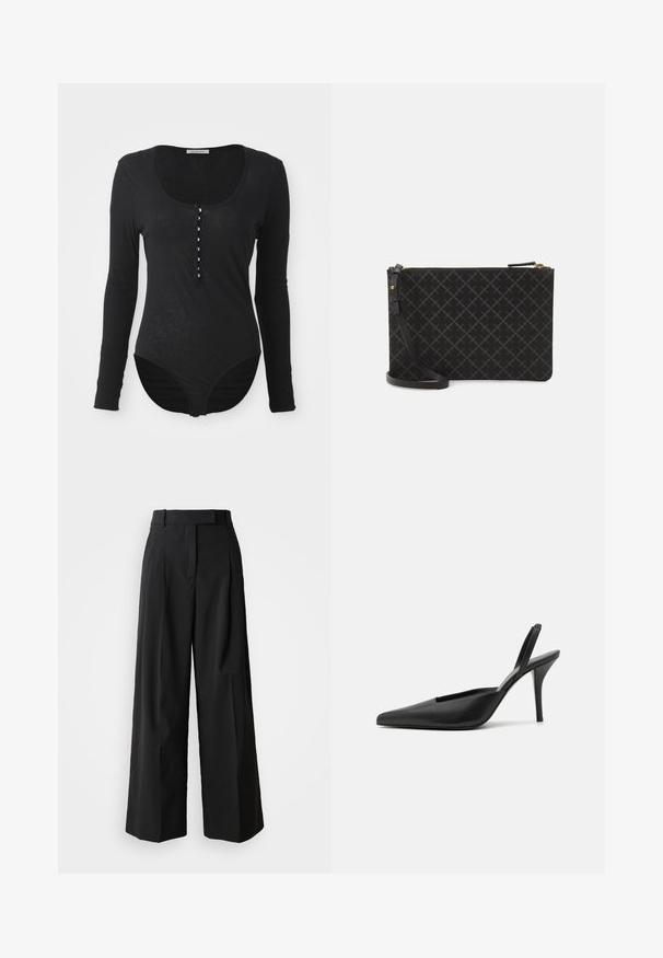 Long-sleeve black bodysuit in a soft, lightweight fabric. Features a scoop neckline and a button-up front with six white buttons.; Black wide-leg trousers made of a smooth fabric with a high waistband, featuring two front pleats and a tailored design.; Black slingback heeled shoes with a pointed toe, smooth leather material, and a sleek, minimalistic design. High stiletto heel.; Black leather clutch with a textured diamond pattern, gold zipper, and detachable strap. Smooth finish and rectangular shape.