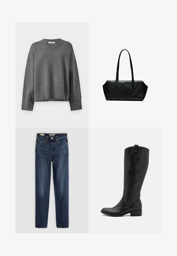 Grauer Strickpullover mit V-Ausschnitt, gerippten Manschetten und unterer Säume. Mit überschnittenen Schultern und lockerer, kastiger Passform. Weiche Textur.; Weißes Langarm-Hemd mit Knopfverschluss, Kragen und einer einzelnen Brusttasche, leicht geschwungener Saum, auf weißem Hintergrund präsentiert.; Dunkelblaue gerade geschnittene Jeans mit fünf Taschen, Knopf- und Reißverschluss und kontrastierenden Nähten.; Schwarze Lederstiefel bis zum Knie mit runder Zehenform, niedrigem Blockabsatz und dekorativen Nahtdetails. Mit einer Zuglasche an der Rückseite für ein einfaches Anziehen.; Schwarze Ledertasche mit langen Griffen, rechteckiger Form, glatter Oberfläche und schrägen Seiten, mit minimalistischer Gestaltung und ohne sichtbare Beschläge.