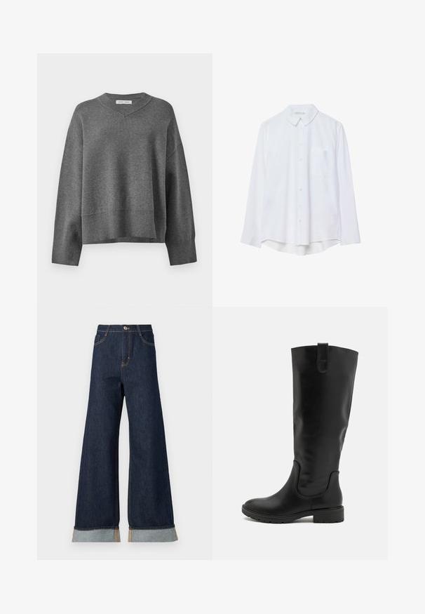Gray knit sweater with a V-neck, ribbed cuffs, and bottom hem. Features dropped shoulders and a loose boxy fit. Soft texture.; White long-sleeve button-up shirt with collar and single chest pocket, slightly curved hem, displayed on a white background.; Wide-leg dark denim jeans with orange stitching, featuring a high waist, two front pockets, and rolled cuffs showcasing a light blue contrast fabric.; Black knee-high boots made of smooth leather, featuring a wide shaft, elastic side panels, and a textured rubber sole for grip.