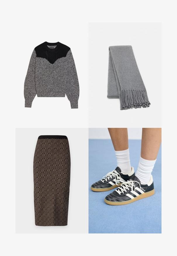 Pletaná mikina v čiernej a šedej farbe. Má textúrovaný čierny priekrčník a design vo forme písmena V. Dlhé rukávy s rebrovanými manžetami; mäkká, hrubá textúra.; Pletená ceruzková sukňa v čiernej a pieskovej farbe s geometrickým vzorom. Obsahuje rebrovaný pás a priliehavý strih.; Čierne kožené tenisky s bielymi pruhmi, okrúhlou špičkou, bielymi šnúrkami a gumovou podrážkou. Vyzdvihujú ich vypchávkovaný golier a detaily s logom.; Sivá vlnená šatka s jemnou textúrou, s strapcovými okrajmi a jednoduchým dizajnom. Uložená pekne zložená, ukazujúca svoj predĺžený tvar.