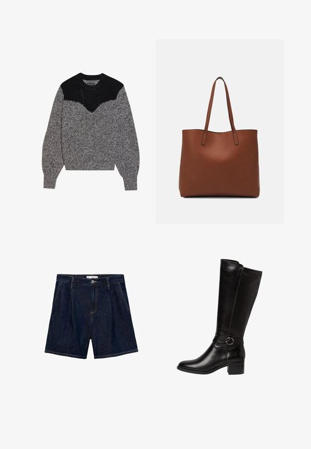 Gebreide trui in zwart en grijs. Heeft een gestructureerde zwarte schouders en een V-vormig ontwerp. Lange mouwen met geribde manchetten; zachte, chunky textuur.; Donkerblauwe denim shorts met een hoge taille, voorzien van twee zijzakken en een sluiting met een knop aan de voorkant. Gladde textuur en casual ontwerp.; Zwarte leren kniehoog laars met een ronde neus, een decoratieve band met een ronde gesp en een lage blokhak. Glad, glanzend oppervlak.; Bruine leren tote bag met een gladde textuur, een ontwerp met een open bovenkant en twee schouderbanden. Kenmerkt zich door minimale stiksels en geen zichtbare hardware.