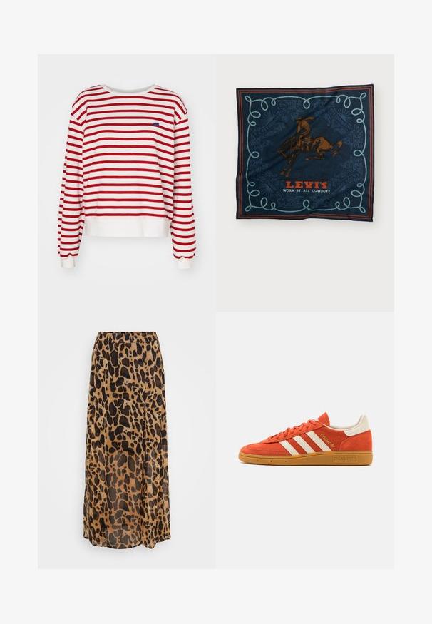 Piros-fehér csíkos pulóver hosszú ujjal, kerek nyakkivágással és bordás szegéllyel. Kicsi kék logó található a mellrészen.; Leopárdmintás maxi szoknya barna és fekete árnyalatokban, könnyű anyagból készült, lenge fazonú és rugalmas derékkal.; Narancsszínű velúr sportcipő, fehér bőr részletekkel, három fehér csíkkal és gumi talppal. A nyelvén "Spezial" logó található.; Tengerészkék selyemsál, amelyen egy barna lóherepű grafika, díszes kék kötélminta található, és a „LEVI’S MINDEN KOVBOY ÁLTAL HORDVA” felirat piros színben.