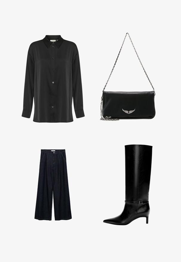 Mustan ribbattu neuletakki, jossa on valkoinen kaulus ja hihansuut, V-kaula-aukko, sopiva malli ja kultainen logo korostus helman lähellä.; Musta pitkähiha paita, joka on valmistettu sileästä kankaasta. Paidassa on napitettava etuosa, klassinen kaulus ja yksinäiset nappihaalit.; Tummat farkku leveälahkeiset housut korkealla vyötäröllä, joissa on etunapit, kaksi sivutaskua ja ompeluyksityiskohtia.; Mustat nahkasaappaat polven yli, joissa on terävä kärki ja pieni korko. Niissä on kapea hihna metallisoljella nilkan ympärillä. Suora pinta.; Mustat nahkaklutch, jossa on hopeaketjuolkahihna, edessä siipikuvio, sileä pinta ja vetoketjusulku pohjassa.