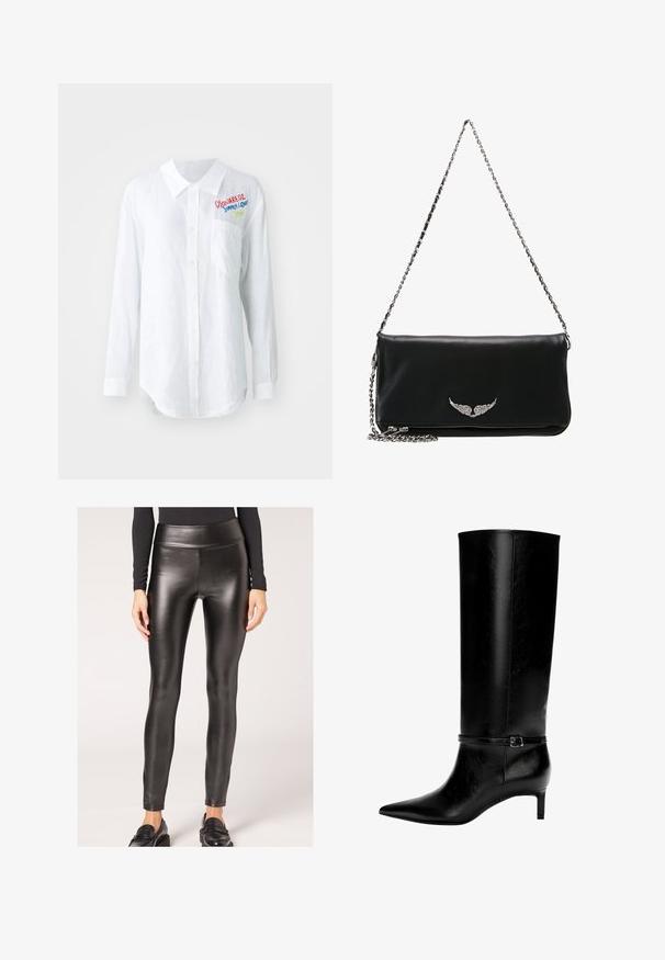 Svart ribbad tröja med vit krage och manschetter, V-ringad design, figursydd passform och en guldig logotypdetalj vid fållen.; Vit långärmad skjorta i linne med spetsig krage, knäppning, vänster ficka och färgglad broderad text på bröstet.; Svart konstläder leggings med hög midja, med en slät yta och figurnära design, som har en elegant silhuett och minimala detaljer.; Svart läder knähöga stövlar med spetsig tå och en liten klack. Har ett smalt band med en metallspänne runt vristen. Slät yta.; Svart läderkuvertväska med en silverkedjesnodd, prydd med en vinge-emblemet fram, slät yta och dragkedjestängning i botten.