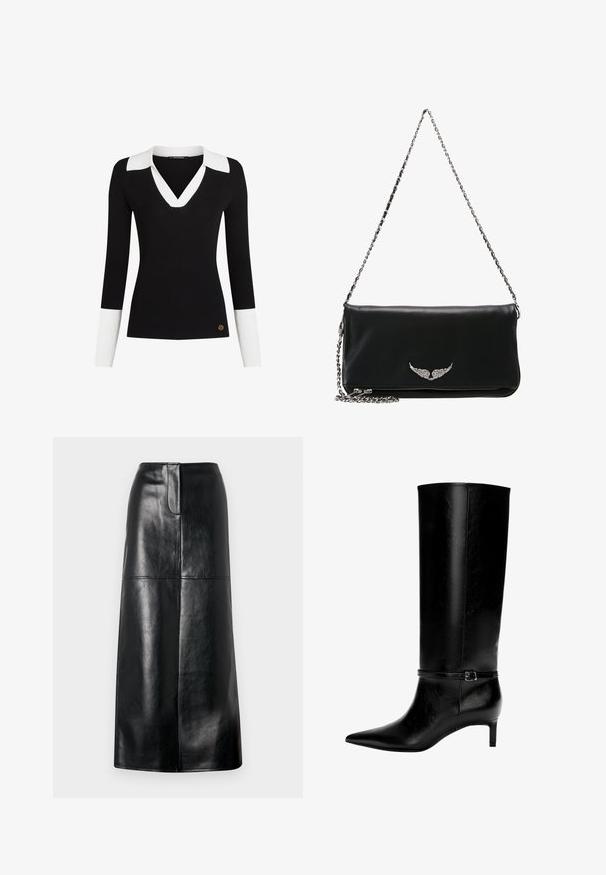 Pull noir à côtes avec un col et des poignets blancs, décolleté en V, forme ajustée et un accent logo doré près de l'ourlet.; Jupe midi en cuir noir avec une texture lisse, coupe droite et un léger brillant. Présente une taille simple et aucun matériel visible.; Botte en cuir noir montante jusqu'au genou avec un bout pointu et un petit talon. Présente une sangle étroite avec une boucle métallique autour de la cheville. Texture lisse.; Pochette en cuir noir avec une chaîne en métal argenté, ornée d'un emblème ailé sur le devant, texture lisse et fermeture éclair à la base.