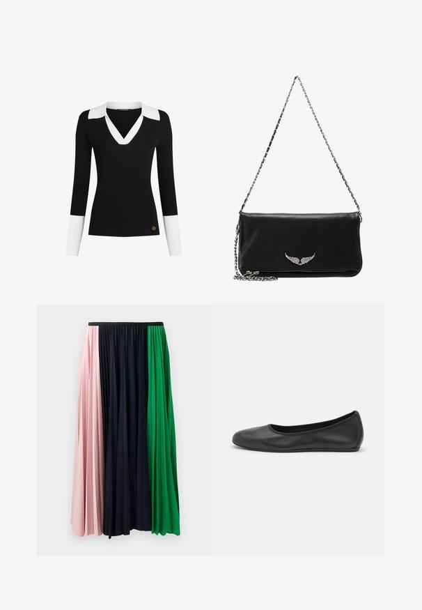 Zwarte geribde trui met een witte kraag en manchetten, V-hals ontwerp, aansluitende vorm en een gouden logo accent nabij de zoom.; Plisserende rok met panelen in roze, marineblauw en groen. Gemaakt van zachte stof met een elastische tailleband voor een comfortabele pasvorm.; Zwarte leren ballerina met een ronde neus, gladde textuur, minimale stikdetails en een flexibele zoolontwerp.; Zwarte leren clutch met een zilveren kettingband, met een gevleugeld embleem aan de voorkant, een gladde textuur en een ritssluiting aan de onderkant.
