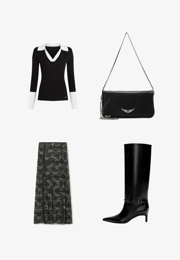 Fekete bordás pulóver, fehér gallérral és mandzsettával, V-nyakkivágással, testhezálló fazonnal, arany logóval a szegély közelében.; Fekete csipkés maxi szoknya virágmintával, áttetsző textúrával és réteges kialakítással, rugalmas derékpánttal a kényelem érdekében.; Fekete bőr, térd fölé érő csizma hegyes orral és kis sarokkal. Szűk pánt található fém csattal a bokán. Simaság jellemzi.; Fekete bőr clutch táska ezüst lánc pánttal, elöl szárnyas emblémával, sima textúrával és cipzáros záródással az alján.
