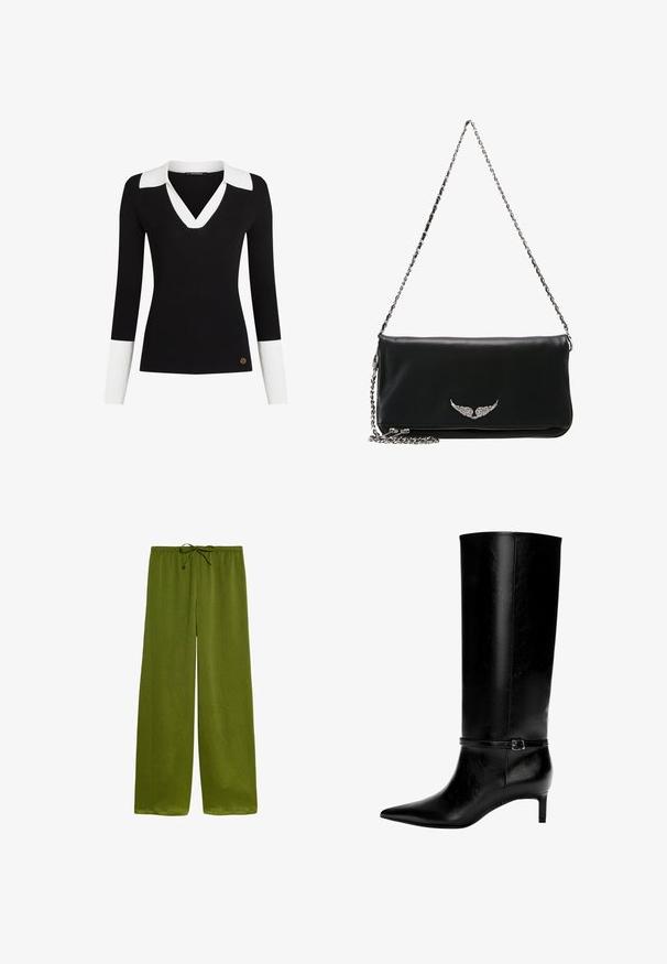 Schwarzes gerippte Langarmoberteil mit einem weißen V-Ausschnitt und weißen Akzenten an den Bündchen; verfügt über ein kleines goldfarbenes Logo-Detail nahe dem Saum.; Grüne, weite Hosen aus leichtem Material, mit einem Kordelzugbund und einem dezenten strukturierten Muster.; Schwarze Lederstiefel bis zum Knie mit spitzer Zehe und kleinem Absatz. Verfügt über einen schmalen Riemen mit einer metallischen Schnalle am Knöchel. Glatte Textur.; Schwarze Leder-Clutch mit einem silbernen Kettenriemen, vorne mit einem geflügelten Emblem, glatter Oberfläche und Reißverschluss unten.