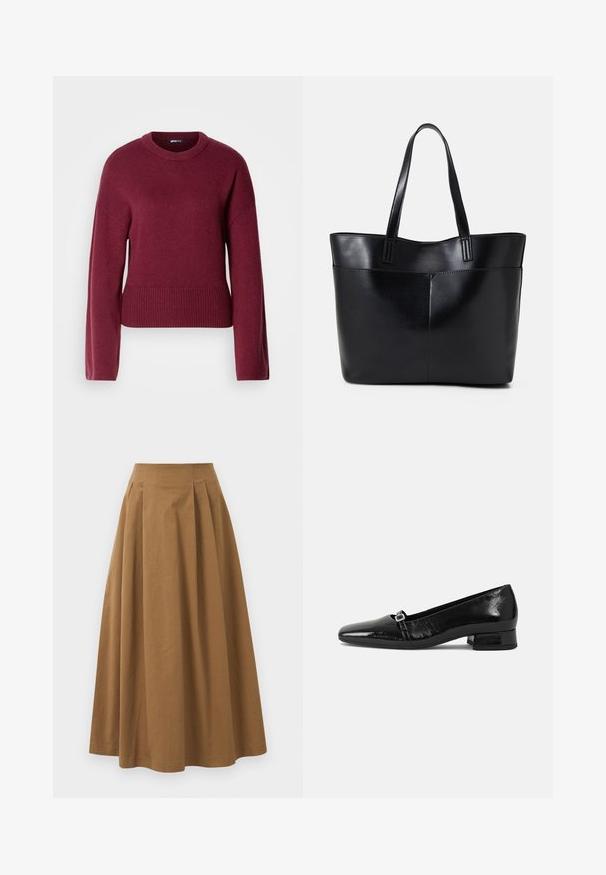 Pulôver tricotado bordeaux com decote redondo, mangas longas e bainha canelada. O tecido parece suave e texturizado.; Saia A-line de algodão castanho com cintura alta, apresentando pregas na parte da frente e uma textura suave. As bordas da bainha são limpas e simples.; Sapatilhas balet em pele sintética preta com bico pontiagudo, salto quadrado baixo e um pequeno detalhe de fivela metálica na correia. Textura suave.; Bolsa tote preta em couro com duas alças longas, textura suave e forma estruturada. Apresenta um bolso frontal para armazenamento adicional.