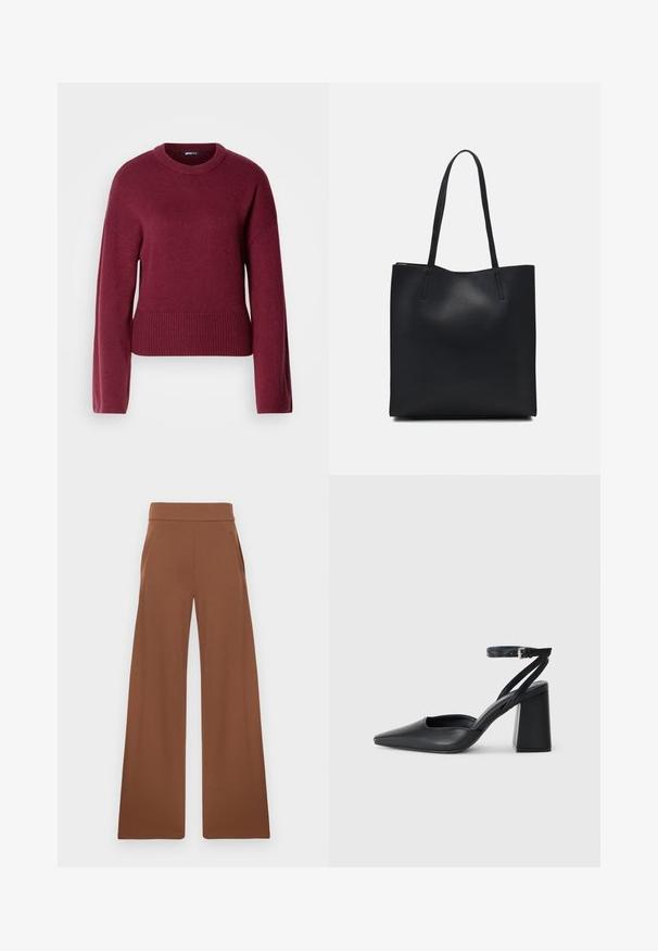 Bordo pleteni pulover s okruglim izrezom, dugim rukavima i rebrastim rubom. Čini se da je tkanina meka i teksturirana.; Smeđe široke hlače od glatkog, rastezljivog materijala. Imaju visoki struk i bočne džepove, dizajnirane za opušteni kroj.; Crne kožne cipele s špicastim vrhom, remenom oko gležnja i debelim potplatom. Ravna tekstura, elegantan dizajn i minimalistička estetika.; Crna kožna torba za nošenje s glatkom teksturom, pravokutnim oblikom i dvije duge ručke. Nema vidljivih metalnih dijelova ili ukrasa.
