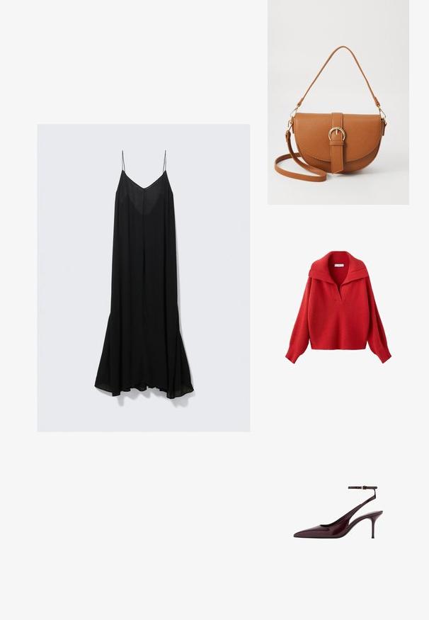 Red knitted sweater with a wide collar and a deep V-neck. Features dropped shoulders, long sleeves, and a textured fabric. Cropped length.; Black sleeveless dress with a deep V-neckline, made of lightweight fabric, and a flowing silhouette that flares at the hem.; Burgundy patent leather pointed-toe slingback pump with thin ankle strap and mid-height stiletto heel on white background.; Brown leather crossbody bag with a curved shape, gold hardware, and a buckle accent. Features a detachable shoulder strap.