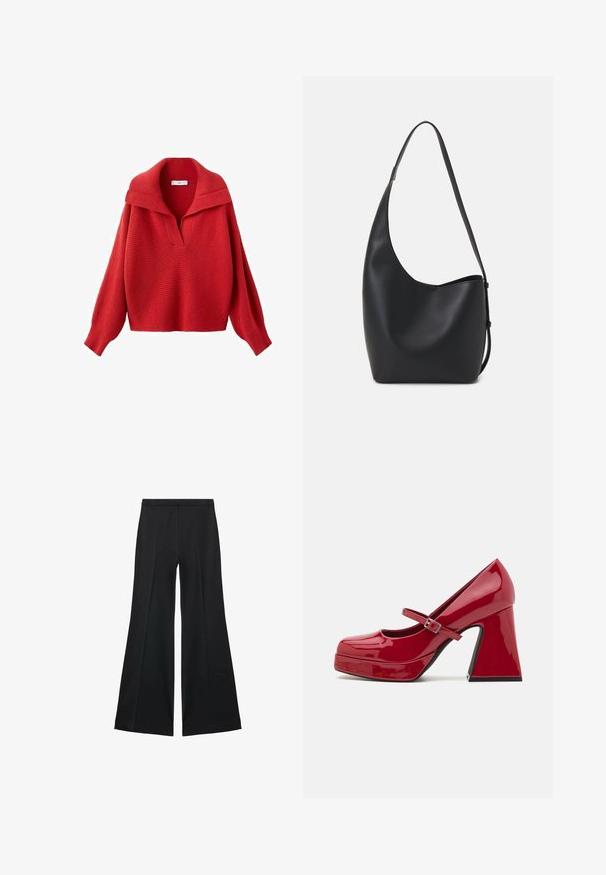 Crveni pleteni džemper s širokim ovratnikom i dubokim V-izrezom. Ima spuštena ramena, duge rukave i teksturiranu tkaninu. Skraćene duljine.; Crne široke hlače s glatkom teksturom, koje imaju prednje nabore i kroj po mjeri. Tkanina je lagana i lepršava.; Crvena lakirana Mary Jane cipela na visokom petu s okruglim vrhom, platformom sprijeda, remenom s kopčom i oblikovanom blok petom.; Crna kožna hobo torba s glatkom teksturom, zakrivljenim oblikom i jednom podesivom trakicom; ima širok otvor na vrhu.