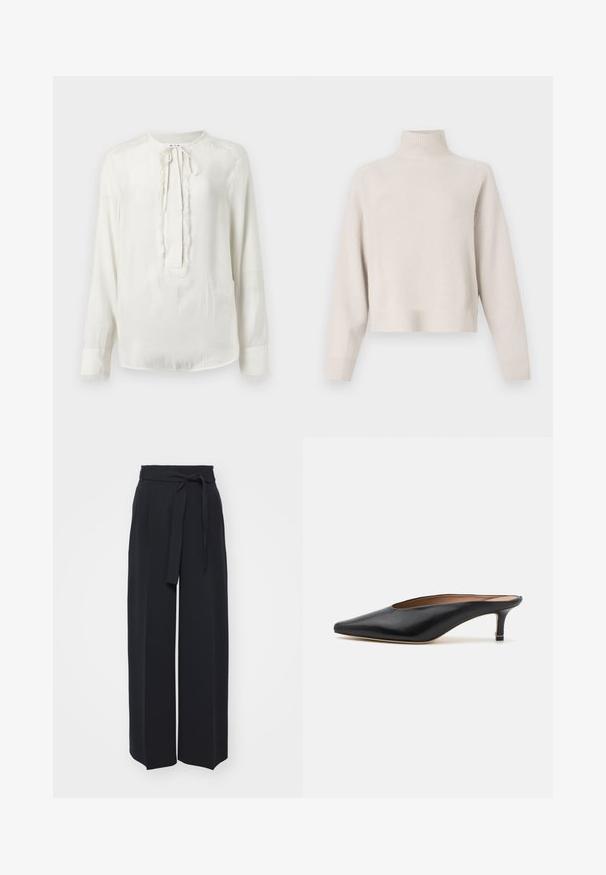 Pull à col roulé beige clair en tissu doux. Dispose d'une coupe décontractée, d'un ourlet et de poignets côtelés, et de manches longues. Design minimaliste.; Blouse blanche à manches longues avec un col rond et une fermeture à nouer. Présente une bordure texturée sur le devant et les poignets. Finition en tissu lisse.; Pantalons noirs à jambes larges en tissu doux. Dotés d'une taille ceinturée et de plis avant. Texture lisse avec un design épuré et contemporain.; Mules en cuir noir avec un bout pointu et un petit talon carré. Texture lisse avec un design épuré. Dos ouvert avec un minimum de détails.