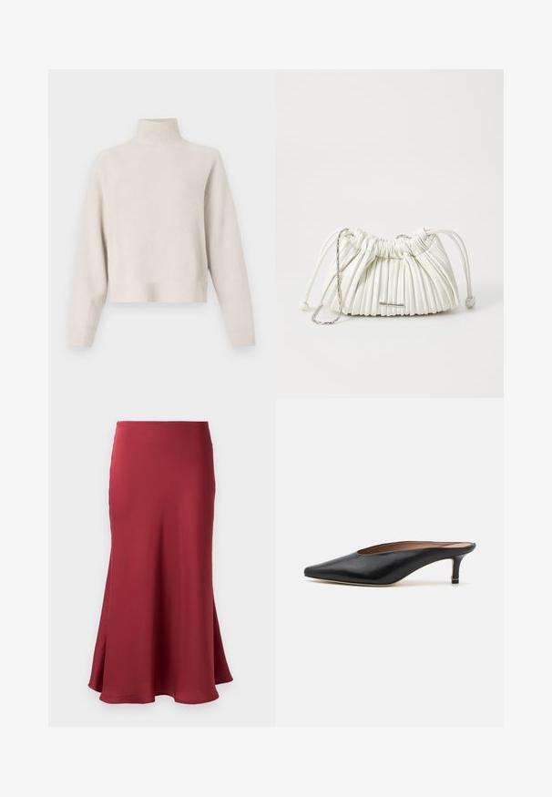 Hellbeige Rollkragenpullover aus weichem Stoff. Bietet einen lässigen Schnitt, gerippte Säume und Manschetten sowie lange Ärmel. Minimalistisches Design.; Burgunderfarbene Satinrock mit glatter Textur, ausgestellter Silhouette und einem Saum, der unter das Knie fällt. Keine sichtbaren Beschläge oder Muster.; Schwarze Leder-Mules mit spitzem Zehenbereich und niedrigem Blockabsatz. Glatte Textur mit elegantem Design. Offene Rückseite mit minimaler Gestaltung.; Weiße plissierte Handtasche aus weichem Material. Verfügt über einen Kordelzugverschluss, geflochtene Griffe und ein silberfarbenes Hardware-Detail.