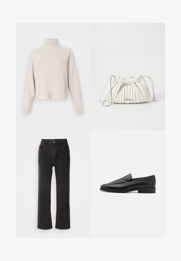 Lys beige turtleneck genser laget av myk stoff. Har en avslappet passform, ribbestrikket kant og mansjetter, og lange ermer. Minimalistisk design.; Sorte vide benbukser lavet af denim, med en frontknaplukning, bæltestropper og fem lommer med en let falmet tekstur.; Svarte skinnslippers med rund tå, glatt overflate, subtile sømdetaljer og en lav, grov hæl. Flat såledesign for komfort.; Hvit plisserte håndveske laget av mykt materiale. Har snøring, flettede håndtak og en sølvfarget hardwaredetalj.