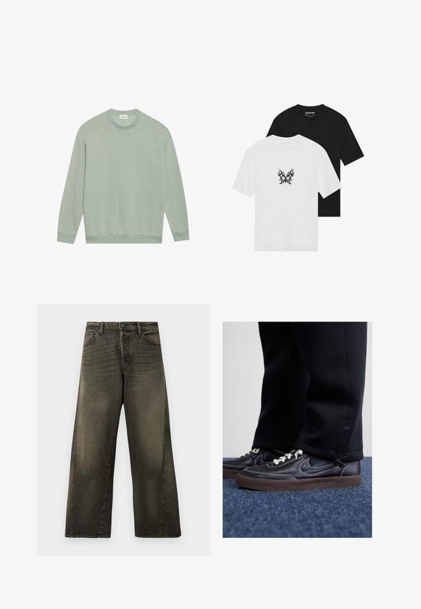 Light green crew neck long-sleeve sweatshirt with ribbed cuffs and hem, displayed flat against a white background.; Short-sleeve t-shirts in black and white, featuring a flame-patterned butterfly graphic on the front of the white shirt. Cotton material.; High-waisted, wide-leg black faded jeans with front button and zip closure, and standard front pockets.; Nike Sportswear KILLSHOT 2 LTR PRM OPP2 - Trainers - black sail baroque brown mtlc dk grey