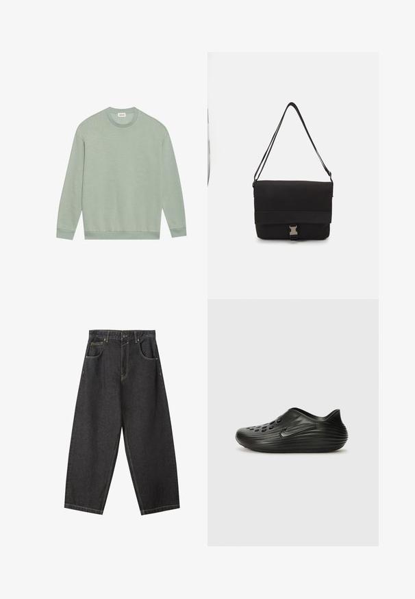 Jasnozielony sweter z długim rękawem i okrągłym dekoltem, z ribbowanymi mankietami i dołem, wyeksponowany płasko na białym tle.; Czarne dżinsowe spodnie o szerokich nogawkach z żółtym przeszyciem, pięcioma kieszeniami i średnim stanem. Teksturowany materiał o gładkim wykończeniu.; Czarne klapki wsuwane wykonane z gładkiego plastiku, z fakturowanym wzorem, perforowanymi otworami na górze oraz subtelnym logo po bokach.; Czarna torba na ramię wykonana z gładkiego materiału, z klapą na złożeniu, srebrnymi zapięciami i regulowanym paskiem na ramię.
