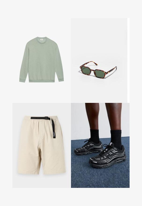 Felpa a maniche lunghe verde chiaro con collo girocollo, polsini e orlo a costine, presentata appiattita su uno sfondo bianco.; Bermuda beige con vita elastica e cintura nera regolabile. Realizzate in tessuto leggero, presentano un design semplice e un taglio dritto.; Le scarpe Nike nere presentano una tomaia in mesh con strisce a contrasto, lacci testurizzati e una suola in gomma nera. Indossate con calze nere a costine.; Occhiali da sole tartarugati con lenti verdi, dotati di una forma ottagonale e bracci sottili e curvi. Il materiale ha una finitura lucida.