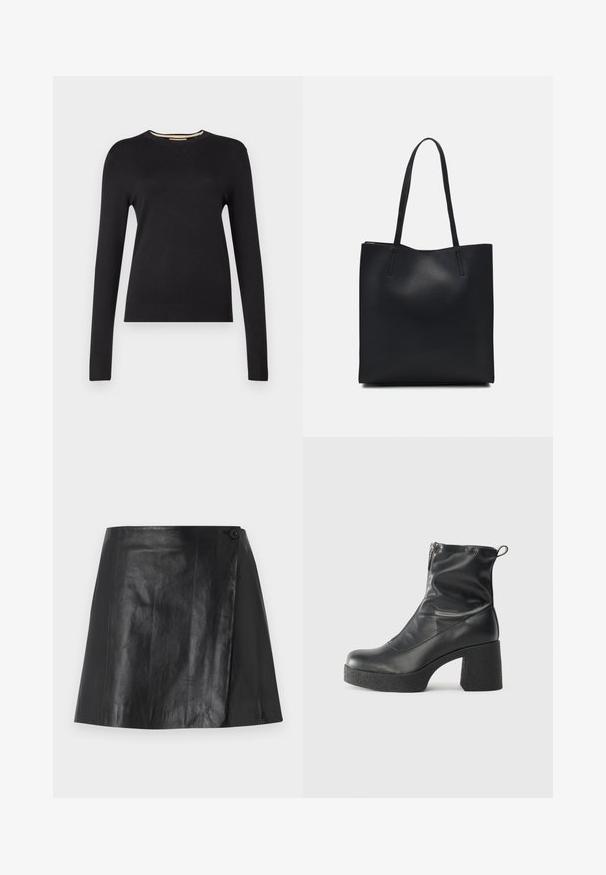 Svart langermet genser laget av et glatt strikkemateriale. Har en ribbet halslinning og mansjetter, med en tettsittende silhuett og uten synlige mønstre.; Svart fusk skinn mini skjørt med omslag foran, sikret med en knapp på høyre side, glatt tekstur og lett glans.; Svarte ankelstøvler laget av glatt lær, med glidelås på siden, chunky strukturert hæl, og rund tå-design.; Svart lær tote bag med glatt tekstur, rektangulær form og to lange håndtak. Ingen synlige deler eller dekorasjoner.