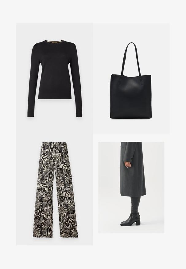 Čierny sveter s dlhým rukávom vyrobený z hladkého pleteného materiálu. Má rebrovaný výstrih a manžety, s priliehavým strihom a bez viditeľných vzorov.; Široké nohavice s monochromatickým točeným vzorom. Materiál sa javí ako ľahký s textúrovaným povrchom; má vysoký elastický pás.; Sivý, strihovo upravený kabát so rovnými líniami; doplnený o čierne kožené čižmy po kolená s štvorcovou špičkou a robustným podpätkom.; Čierna kožená taška na rameno s hladkým povrchom, obdĺžnikovým tvarom a dvoma dlhými uchami. Bez viditeľného kovania alebo ozdôb.