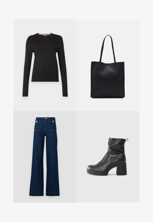 Juodas ilgomis rankovėmis megztinis, pagamintas iš glotnios megztos medžiagos. Pasižymi raštuota apykakle ir rankogaliais, laisvai priglundančia siluetu ir be matomų raštų.; Tamsiai mėlyni plačios kojų džinsai su aukštu liemeniu, auksinėmis mygtukų detalėmis, dviem priekinių ir užpakalinių kišenėmis bei kontrastingų siūlių akcentais. Tekstūruota džinsinio audinio medžiaga.; Juodos kulkšninių botai, pagaminti iš lygaus odos, su šoniniu užtrauktuku, masyviu tekstūruotu kulnu ir apvaliu pirštu.; Juodas odinis tote krepšys su lygia tekstūra, stačiakampio formos ir dviem ilgais rankenomis. Matomų metalinių detalių ar puošybos nėra.