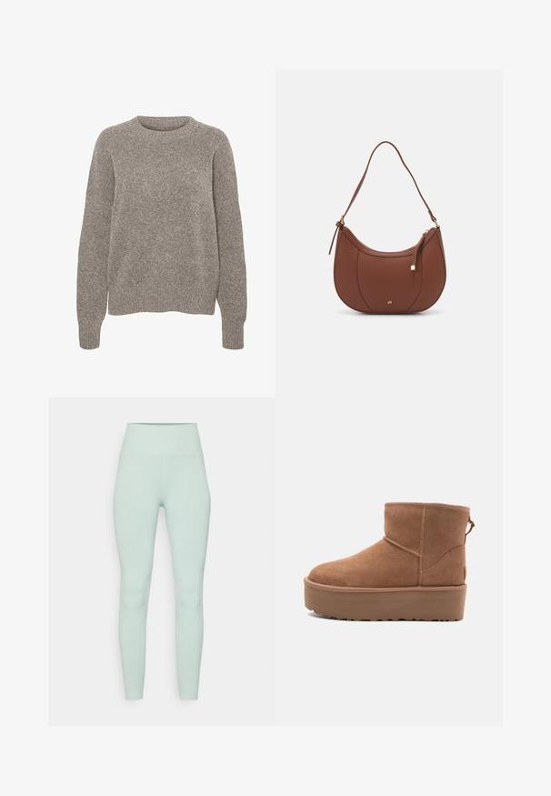 Lys grå strikkegenser med rund halslinning, lange ermer og en subtil strukturert finish. Ingen synlige mønstre eller aksenter.; Ribbet tights i en myk mintgrønn farge. Høyt livdesign med en tettsittende passform og glatt tekstur gjennom hele stoffet.; Lys brun semsket ankelstøvel med platåsåle, rund tå og sømdetaljer; har en pull-tab bak for enkel påkledning.; Brun kunstlæder skuldertaske med buet form, minimal syning og detaljer i guld-tonet hardware. Har en top lynlås lukning og justerbar rem.