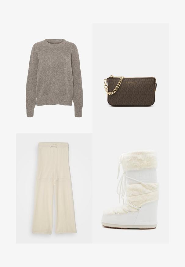 Lys grå strikkegenser med rund halslinning, lange ermer og en subtil strukturert finish. Ingen synlige mønstre eller aksenter.; Lys beige, mesh bukser med vide ben og snor i taljen, som har en løs pasform og en struktureret overflade. Velegnet til hverdag.; Hvit Moon Boot med faux fur-overdel, snøring foran og gummisåle. Teksturert finish og preget logo på siden. Kraftig, polstret design.; Brun lærkorspose med logo mønster, gullkjede strop, glidelåslukking og gullfarge detaljer. Kompakt og rektangulær form.