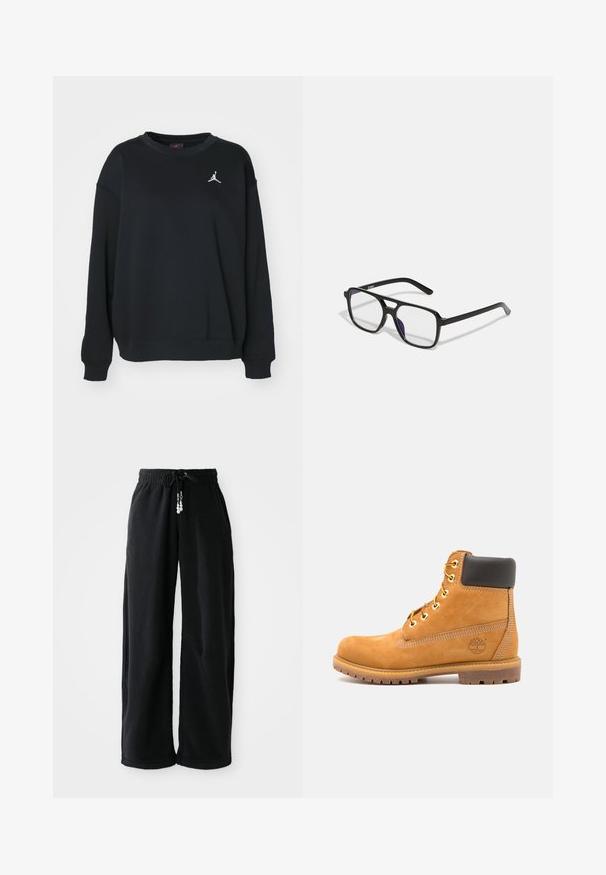Zwarte sweatshirt van katoen, met een ronde hals, lange mouwen, ribbelboorden en -zoom, met een wit Jumpman-logo op de borst.; Zwarte joggerpants van zachte stof, met een trekkoord in de taille en een losse pasvorm. Geen patronen. Eenvoudig ontwerp met boordjes aan de onderkant en zijzakken.; Bruine leren enkelboot met zwarte voering, gouden oogjes en een gestructureerde zool. Kenmerkt zich door een cirkelvormig logo aan de zijkant en stikselaccenten.; Zwarte rechthoekige brillen met heldere lenzen en een subtiele paarse tint, met slanke armen en een minimalistisch ontwerp.