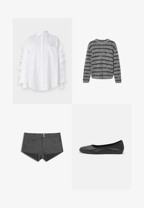 Gray knitted sweater with black horizontal stripes, crew neck, and ribbed texture. Features long sleeves and a rounded hem.; White collared shirt featuring layered ruffle sleeves, a chest pocket, and button-up front; made from lightweight cotton material.; Gray denim shorts with two front pockets, dual front buttons, and a fitted design. The fabric has a smooth texture.; Black leather ballet flat with a rounded toe, smooth texture, minimal stitching detail, and a flexible sole design.