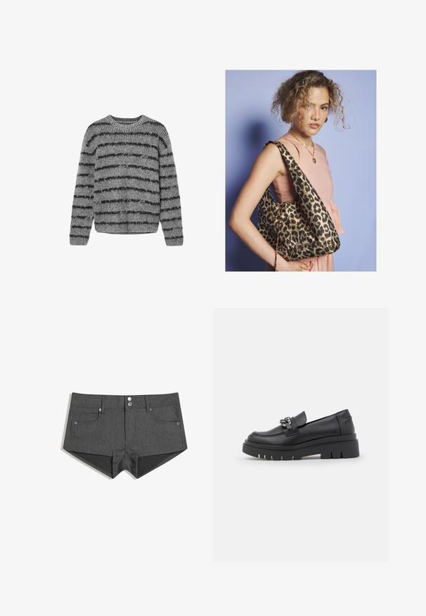 Grå stickad tröja med svarta horisontella ränder, rund halsringning och ribbad textur. Har långa ärmar och rundad nederkant.; Grå denimshorts med två framfickor, två framknappar och en smal passform. Tyget har en slät textur.; Svart loafersko i stil med en kraftig plattformssula, slät läderöverdel, dekorativ kedjedetalj och låg klack med utskärning.; Kvinna med lockigt hår som bär en rosa ärmlös topp och ett halsband med ett guldhjärta, och bär en stor axelväska med leopardmönster.