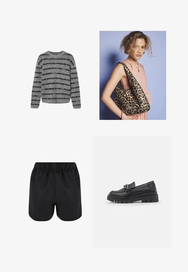 Pulover tricotat gri cu dungi orizontale negre, cu guler rotund și textură ribbed. Prezintă mâneci lungi și o margine rotunjită.; Pantaloni scurți negri cu un talie elastică. Material moale, design simplu și un tiv ușor rotunjit la baza. Fără modele sau logo-uri vizibile.; Pantof black de tip loafer cu talpă chunky, gâtul din piele netedă, accent decorativ din lanț și toc ușor înclinat cu detaliu zimțat.; Femeie cu păr creț, purtând un top roz fără mâneci și un colier cu inimă din aur, care poartă o geantă de umăr mare cu imprimeu de leopard.