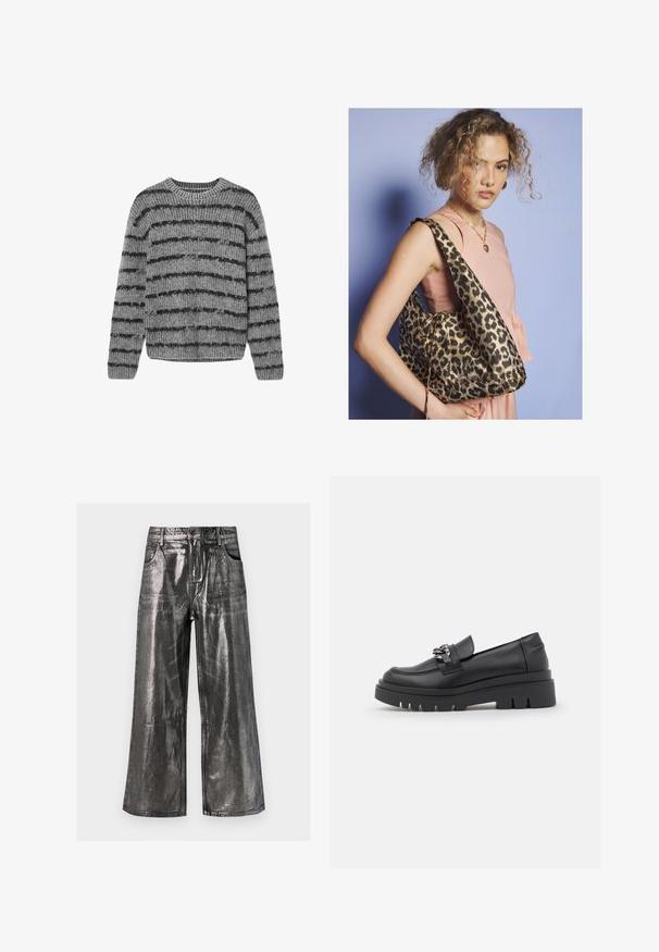 Sivý pletený sveter s čiernymi horizontálnymi pruhmi, kulatým výstrihom a ryhovanou textúrou. Má dlhé rukávy a okrúhly lem.; Metalické strieborné nohavice s širokými nohavicami a hladkým, lesklým povrchom, s piatimi vreckami a pútkami na opasok. Priamy strih, neformálny štýl.; Čierne loafrové topánky s robustnou platformou, hladkým koženým vrchom, dekoratívnym reťazovým doplnkom a mierne zdvihnutou pätou s výrezom.; Žena s kučeravými vlasmi, oblečená v ružovom bezrukávovom topu a zlatom náhrdelníku v tvare srdca, nesúca veľkú ramennú tašku s leopardím vzorom.