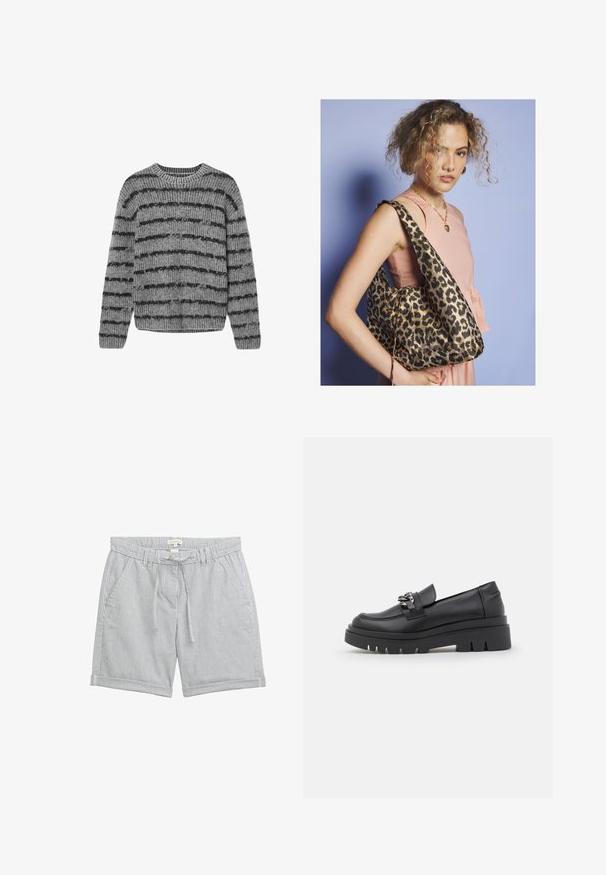 Pilkas megztinis su juodomis horizontaliomis juostelėmis, apvaliu kaklu ir raukšlėta tekstūra. Turi ilgas rankoves ir apvalų kraštą.; Lengvi medvilniniai šortai su vertikaliomis mėlynomis ir baltomis juostelėmis. Turi elastingą juosmenį su raišteliu ir šoninėmis kišenėmis. Apdailinti hemu.; Juodos mokasinos su masyviu platforminiu padu, lygiu odiniu paviršiumi, dekoratyviniu grandininiu akcentu ir nedideliu kulniuku su įpjova.; Moteris su garbanotais plaukais, vilkinti rožinį be rankovių viršų ir auksinį širdies kaklo papuošalą, nešanti didelę leopardų rašto rankinę ant peties.