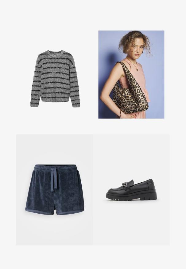 Harmaa neulepaita, jossa on mustat vaakasuorat raidat, pyöreä kaula-aukko ja ribbitekstuuri. Varustettu pitkillä hihoilla ja pyöreällä helman muodolla.; Tummansininen froteekangasta valmistettu shortsit, joissa on joustava vyötärö, säädettävä naru ja pieni brodeerattu logo sivussa. Pehmeä pinta.; Musta loafer-tyylinen kenkä, jossa on paksu pohja, sileä nahkapinta, koristeellinen ketjua korostava yksityiskohta ja hieman nouseva kanta, jossa on uurteellinen yksityiskohta.; Nainen, jolla on kiharat hiukset, pukee vaaleanpunaisen hihattoman topin ja kullasta valmistetun sydänkaulaketjun, kantaa suurta leopardikuosisia olkalaukkua.