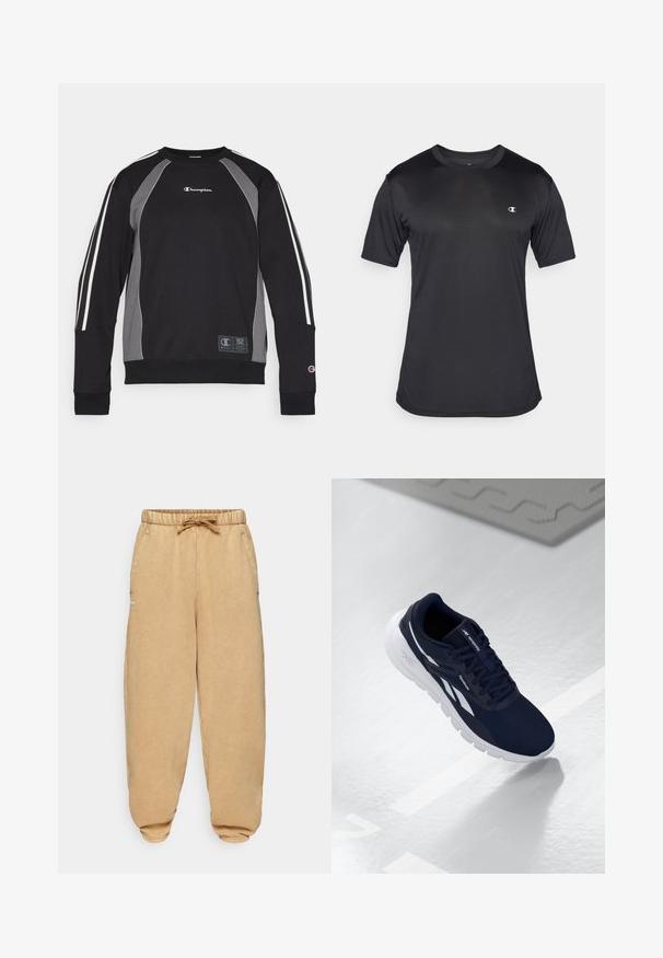 Sort sweatshirt med kontrasterende grå sidepaneler, hvide striber, ribbede manchetter og et logo-patch. Lavet af blødt stof med en afslappet pasform.; Sort kortærmet træningsskjorte lavet af struktureret, åndbart stof; har en rund halsudskæring og logo på venstre bryst.; Beige joggingbukser lavet af blødt stof, med en elastisk talje med snøre, sidelommer og tætsiddende cuffede ankler.; Marine atletisk sko med en struktureret overdel, hvide detaljer og en polstret sål. Har en snøredesign og logo på tungen.