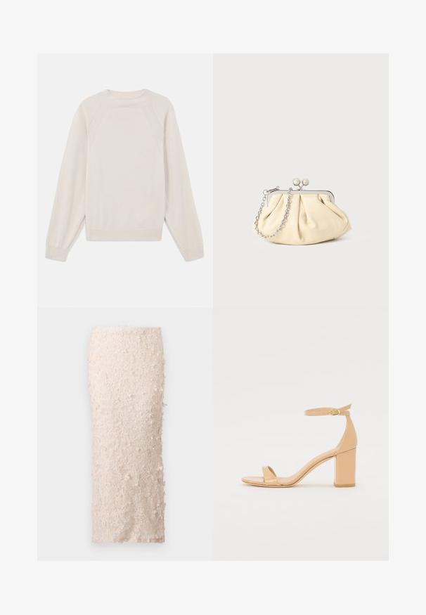 Svetlo smetanast pulover iz mehkega pletenega blaga. Ima okroglo ovratnik, dolge rokave ter rebraste manšete in rob, z raglan rokavi.; Kremna svinčasta suknja od čipke s cvjetnim aplikacijama. Dizajn je prilagođen, s glatkom teksturom i detaljnim ukrasima.; Nude lakirane sandale s peto, kvadratnim vrhom, trakico okoli gležnja in debelim blok petam. Gladka tekstura in minimalni oblikovni detajli.; Zavihani bež usnjeni nahrbtnik s srebrnim kovinskim okvirom, ki ima dve okrogli okrasni zaponki in srebrno verižico.