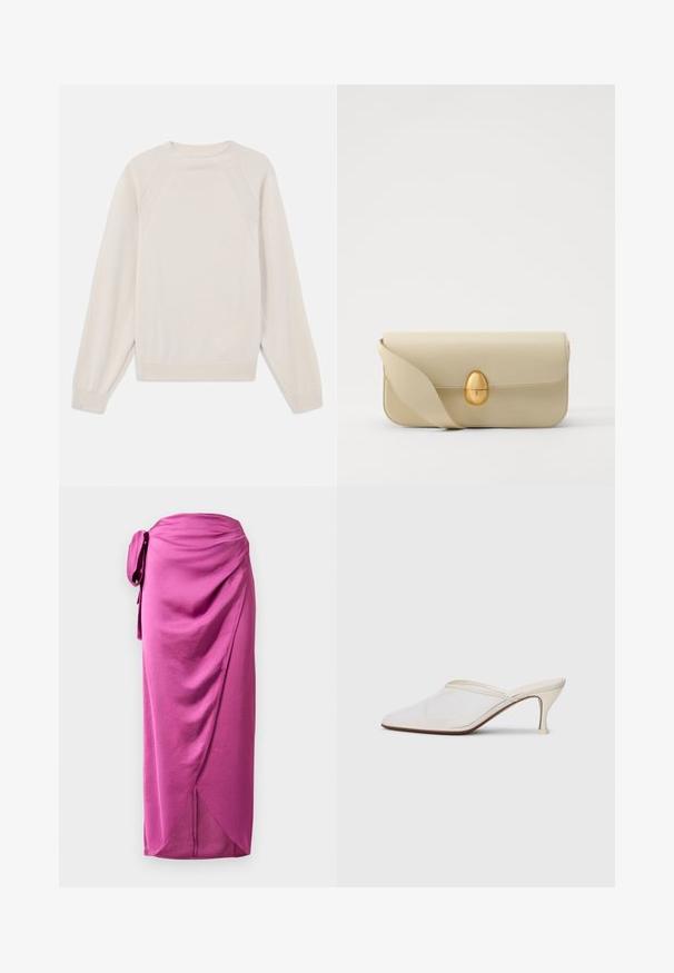 Light cream sweater made of soft, knit fabric. Features a crew neck, long sleeves, and ribbed cuffs and hem with raglan sleeve design.; Pink wrap skirt with a side tie, featuring draped fabric, smooth texture, and an asymmetric hemline. Lightweight material with a flowing design.; White mesh pointed-toe mule with a slim mid-height heel and slip-on design against a plain background.; Beige leather handbag with a smooth texture, rectangular shape, and a golden oval clasp. Features a long, adjustable strap.