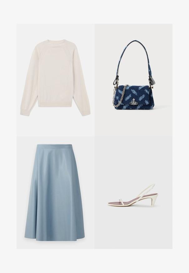 Gaiši krēms svīteri, kas izgatavots no mīksta, adīta auduma. Iespējas: apaļš kakls, garas piedurknes un ribotas aproces un apakšmalas ar raglanu piedurkņu dizainu.; Gaiši zila, izplestā svārku kleita, izgatavota no gluda auduma, ar minimālistisku dizainu, kurai ir tīra jostas līnija un nav redzamu aizdaru.; Baltas siksnas sandales ar nelielu papēdi, plānām siksniņām un gludu ādas tekstūru; ar nelielu dekoratīvu sprādzi.; Tumši zils auduma rokassomiņa ar struktūrētu dizainu, sudraba detaļām un noņemamu ķēdes siksnu. Ietver salocītu aizdari un logotipa akcentu.