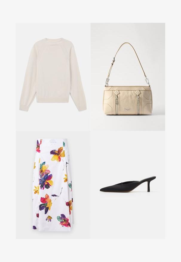 Lichtcreme trui van zacht, gebreid stof. Heeft een ronde hals, lange mouwen en geribde manchetten en zoom met raglanmouwen.; Witte bloemenrok met kleurrijke aquarel bloemenpatronen in paars, geel en rood; geplooid ontwerp met zijdelingse sluitdetails.; Zwarte muiltje met spitse neus en een strak ontwerp, gemaakt van gladde stof, met een slanke hak en open achterkant voor gemakkelijk aan- en uittrekken.; Beige leren handtas met zilveren hardware, twee zijritsen, gestructureerd ontwerp en een afneembare schouderband voor veelzijdigheid.