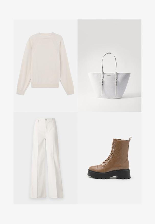 Pulover bej dintr-un material moale, tricotat. Dispune de guler rotund, mâneci lungi și cusături ribbate la mansete și la tiv, cu un design al mânecilor tip raglan.; Pantaloni albi cu picioare largi, confecționați din bumbac cu o textură fină. Prezintă un buton în față, fermoar și un design cu patru buzunare.; Botine din faux piele maro cu talpă neagră groasă, vârf rotund, șireturi în față și un tab la spate. Detaliu texturat pe suprafață.; Geantă tip tote cu un model monogram alb, textură netedă și accesorii din metal argintiu. Are două mânere rezistente și o formă conică.