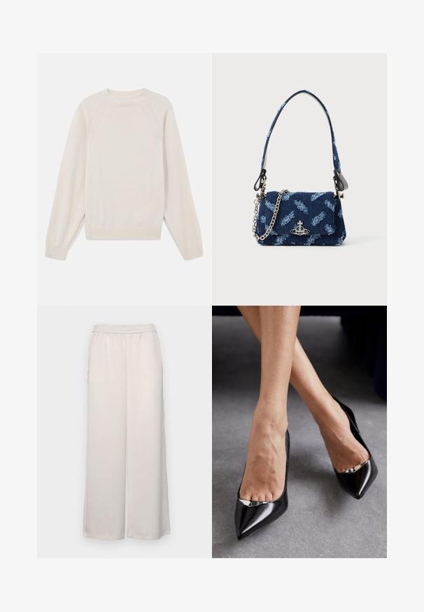 Svijetlosmeđi pulover izrađen od mekog, pletenog materijala. Ima okrugli izrez, duge rukave, te rebraste rukave i donji rub s raglan rukavima.; Svijetlosmeđi široki hlače s elastičnim pojasom. Glatka tkanina, punih dužina, bez vidljivih ukrasa ili uzoraka.; Crne kožne cipele na visokom potpeticu s šiljastim vrhom i otvorenim dizajnom, ukrašene dekorativnim srebrnim detaljem. Glatka tekstura s sjajnim finišem.; Torbica od tamnoplave tkanine s teksturiranim dizajnom, srebrnim detaljima i odvojivim lančanim remenom. Ima preklopno zatvaranje i naglasak s logotipom.