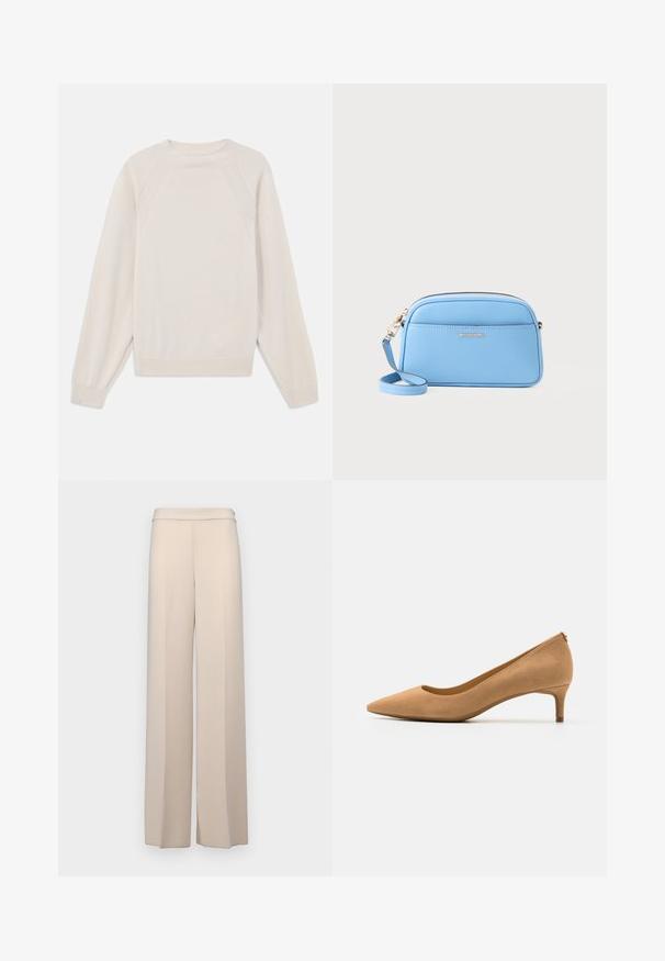 Pull léger en crème, fabriqué en tissu tricoté doux. Présente un col rond, des manches longues, et des poignets et un ourlet côtelés avec un design de manches raglan.; Pantalons larges beiges en tissu lisse, dotés d'une taille haute et de plis avant discrets. Pas de poches ni de détails en matériel visibles.; Chaussure à talon haut à bout pointu en daim beige, présentant un talon bas et une texture lisse. Silhouette classique avec un léger détail à l'arrière.; Sac en cuir bleu clair porté travers avec des accessoires en métal doré, fermeture éclair et une poche avant. Il dispose d'une bandoulière réglable pour plus de commodité.