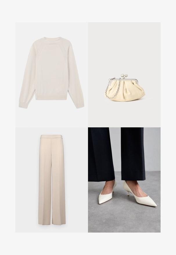 Šviesiai kremine megztinis, pagamintas iš minkštos, megztos medžiagos. Turi apvalų kaklą, ilgomis rankovėmis, su guma apdirbtomis rankovėmis ir apačia bei raglano tipo rankovėmis.; Šviesiai rudos spalvos plačios kelnės iš lygaus audinio, su aukštu liemeniu ir subtiliomis priekinėmis raukiėmis. Be kišenių ar matomų detalių.; Stuart Weitzman POWER - Klasikiniai aukštakulniai - cream; Plyšiniai smėlio spalvos odiniai rankinukai su sidabriniu metaliniu rėmu, turintys du apvalius dekoratyvinius užtrauktukus ir sidabrinę grandinėlę.