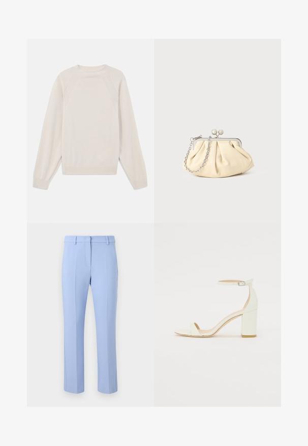 Világos krémszínű pulóver, puha kötött anyagból készült. Kerek nyakkivágással, hosszú ujjakkal és bordázott mandzsettákkal, valamint rakláng ujjdizájnnal rendelkezik.; Világoskék, testre szabott nadrág, sima elülső résszel, két oldalsó zsebbel és finom gyűrődésekkel, amelyek végigfutnak a lábak elülső részén.; Fehér bőrsarkú szandál bokaankarral és csattal, minimális dizájnnal. Nyitott orrú és sima textúrákkal az egész felületen.; Pleátolt bézs bőr válltáska ezüst fém kerettel, két kerek díszcsattal és ezüst lánc pánttal.