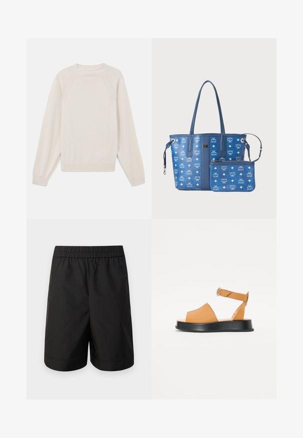 Svetlý krémový sveter vyrobený z mäkkej pleteniny. Má okrúhly výstrih, dlhé rukávy a rebrované manžety a lem, pričom je navrhnutý so švom na raglánových rukávoch.; Čierne šortky vyrobené z ľahkého materiálu, s elastickým pásom a jednoduchým, rovno strihaným strihom. Bez viditeľných vreciek alebo vzorov.; Svetlohnedé kožené sandály so širokým predným dielom, otvorenou špičkou, nastaviteľným popruhom a hrubou čiernou platformou. Hladká textúra a minimalistický dizajn.; Modrá taška na rameno s dvojitými uchami, vystuženými embosovanými logami MCM a diamantovými vzormi; obsahuje odnímateľnú zodpovedajúcu tašku. Hladká textura.