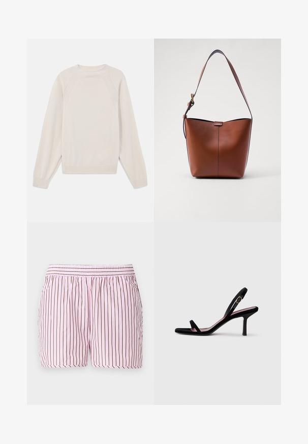 Light cream sweater made of soft, knit fabric. Features a crew neck, long sleeves, and ribbed cuffs and hem with raglan sleeve design.; Cotton sleep shorts featuring vertical pink and brown stripes, an elastic waist with smocking, and a loose fit for comfort.; Black suede women's high-heeled sandal with slim straps and a gold buckle on a white background, side view.; Brown leather shoulder bag with a curved shape, smooth texture, and a single thin strap. Features a subtle seam and a small logo detail.