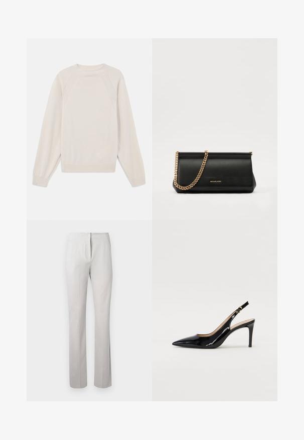 Világos krémszínű pulóver, puha kötött anyagból készült. Kerek nyakkivágással, hosszú ujjakkal és bordázott mandzsettákkal, valamint rakláng ujjdizájnnal rendelkezik.; Világosszürke, szabott nadrág sima textúrával, egyenes lábformával és közepes magasságú derékrésszel. Elöl cipzárral és oldalsó zsebekkel rendelkezik.; Fekete lakk bőr kötött magassarkú cipő, hegyes orral és karcsú sarokkal, finom kivágásos dizájnnal. Az övön arany csatt található.; Fekete bőr kisméretű táska arany lánccal, sima felülettel, téglalap alakú, és dombornyomott márkázással az elején.